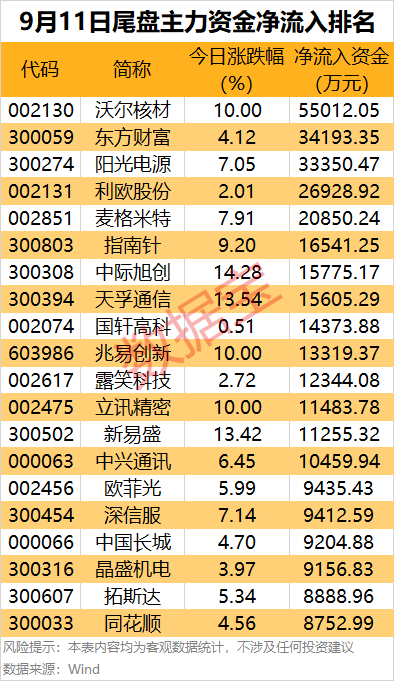 主力资金！9个行业资金扎堆流入，尾盘抢筹14股，电子龙头股上榜 2